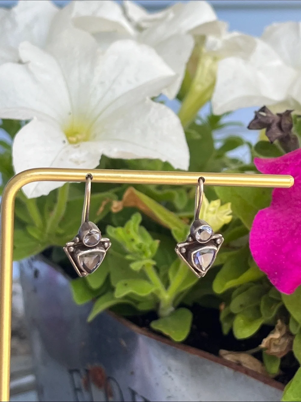 Sterling Silver Iolite & Amethyst Triangular Drop Earrings Vintage